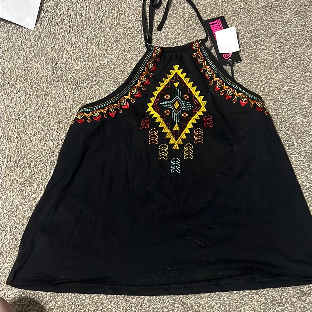 Rock & Roll Cowgirl Embroidered Black Halter Top